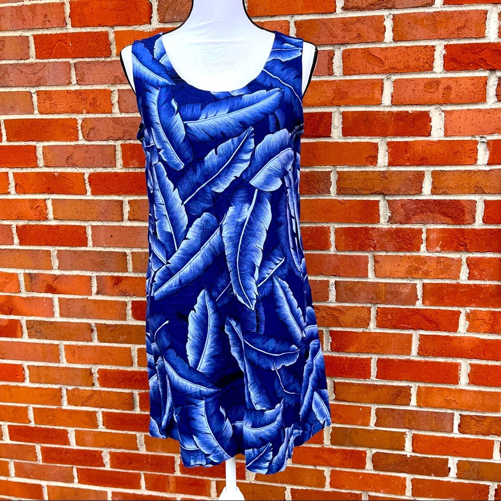 Peppermint Bay New York Sleeveless Blue Tropical Leaf Print Dress Womens Small